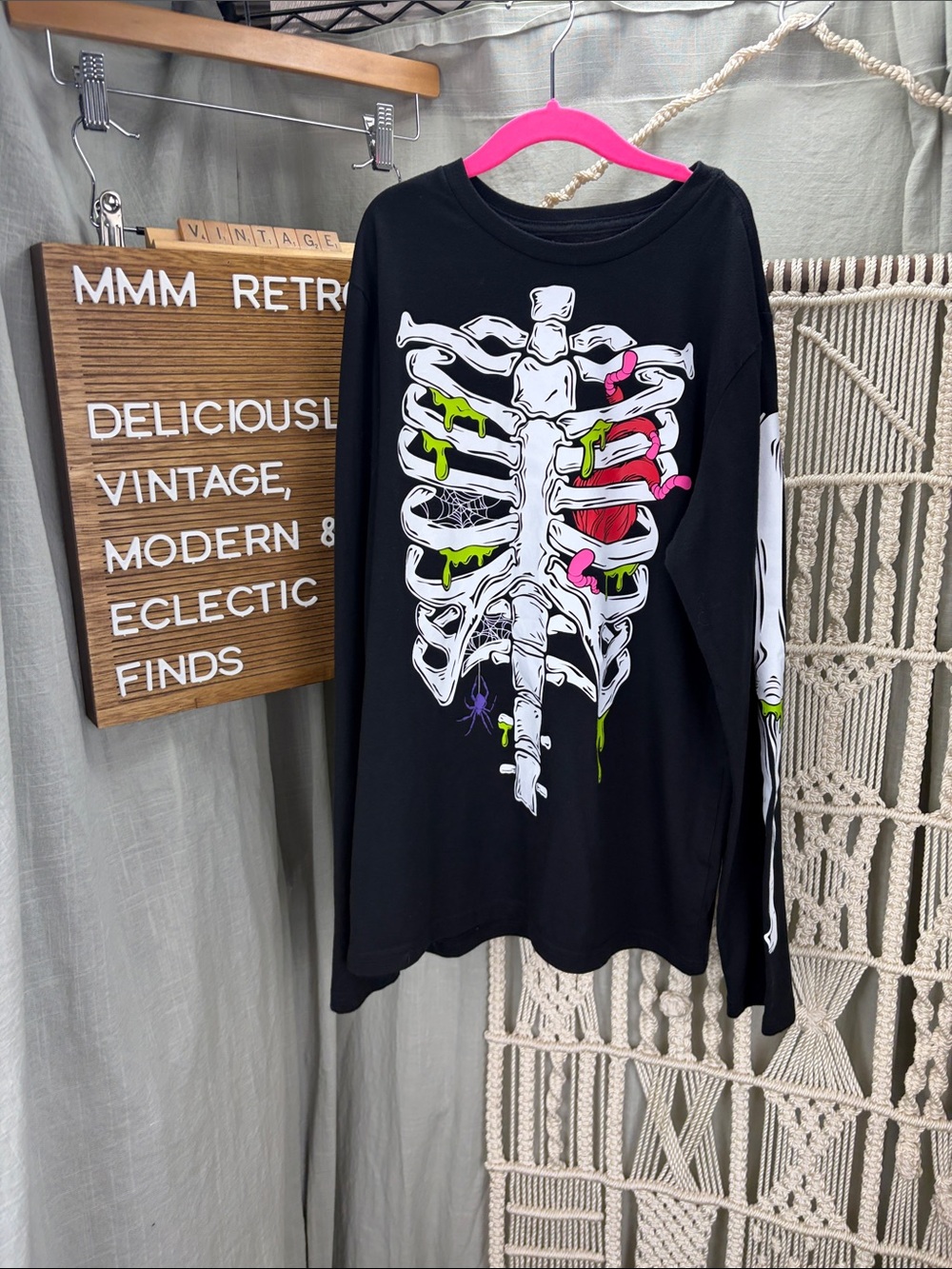 Kids Black Graphic Halloween Ribcage Long Sleeve Shirt | XL (14/16)